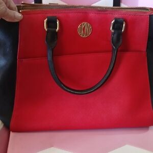 DKNY Red and Black Satchel with Gold Accents